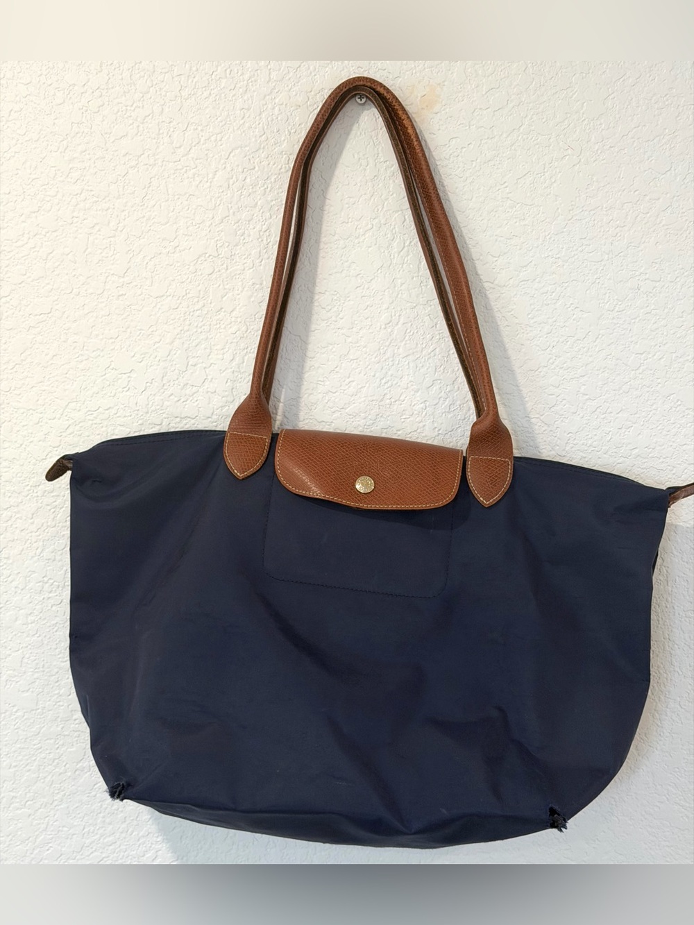 Longchamp Le Pliage Navy Blue Foldable Tote Zip Closure Brown Top Handle READ